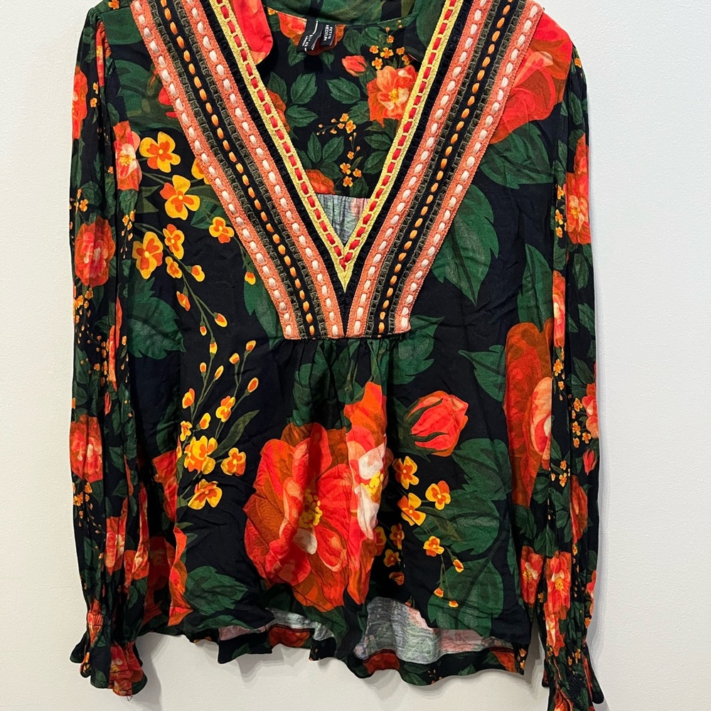 Blank NYC Black Floral V-Neck Long Sleeve Blouse with Red & Green Print